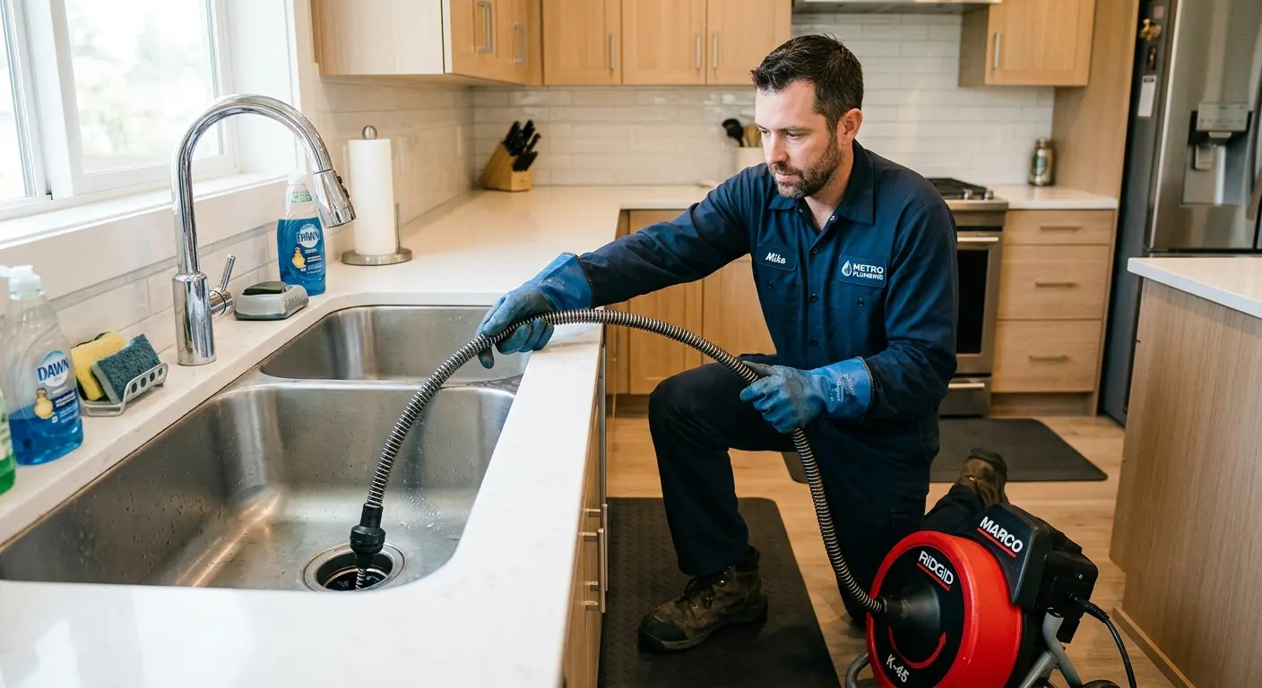 Drain cleaning technician using a motorized snake on a kitchen sink in Ketchikan