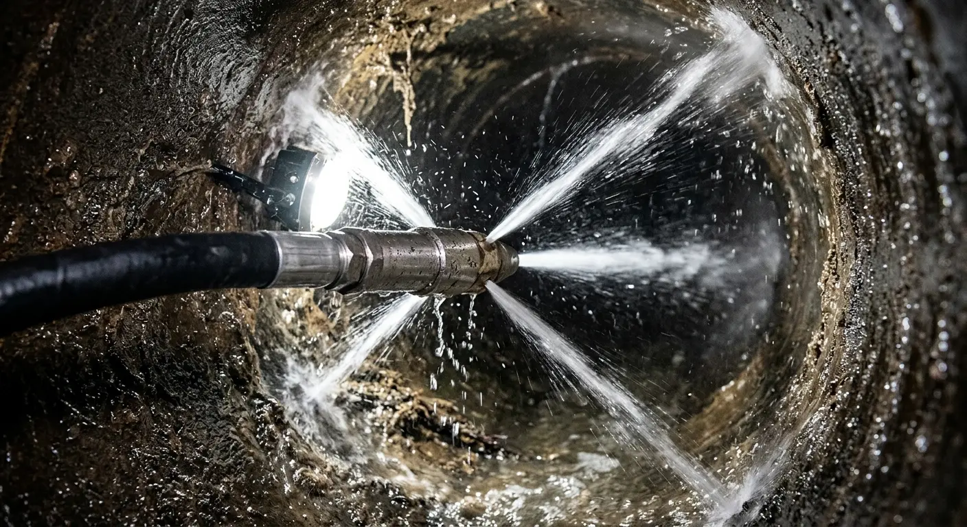 High-pressure hydro jetting nozzle cleaning sewer pipe for Sewer Cleanout in Ketchikan