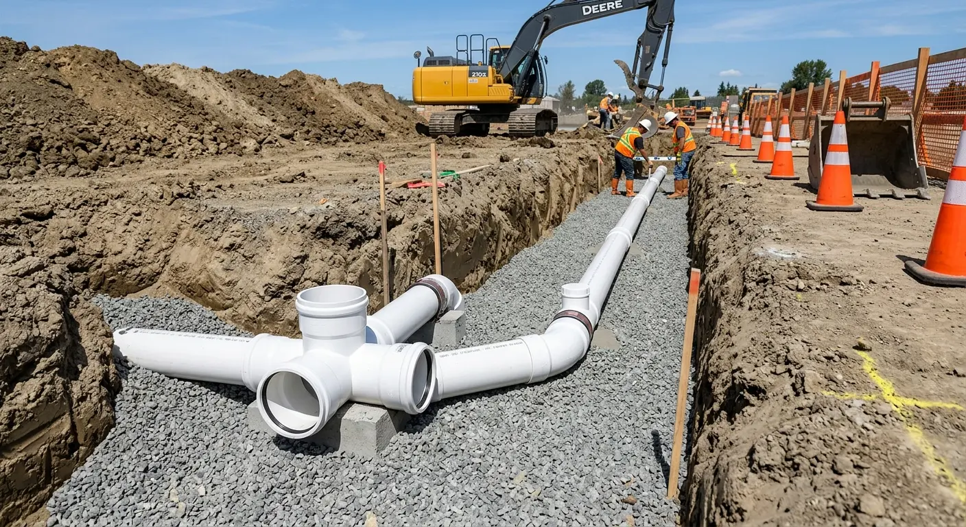 New PVC sewer pipe installation in open trench for Sewer Backup in Ketchikan