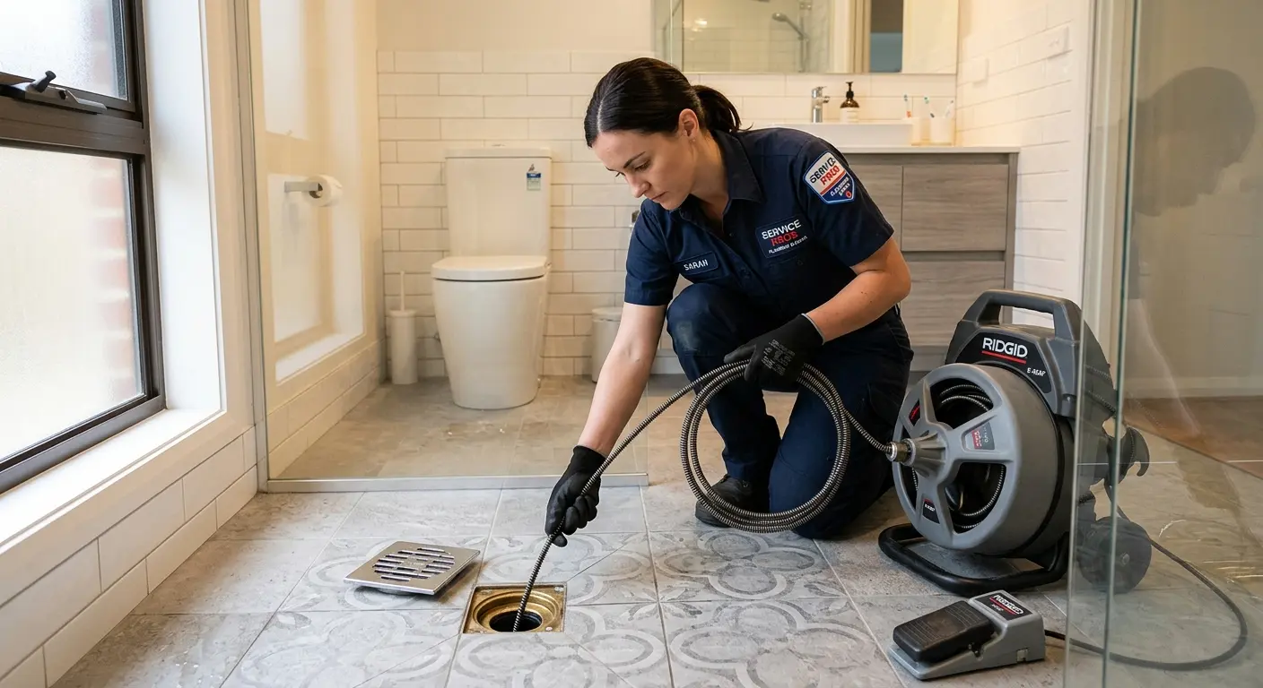 Technician clearing a bathroom floor drain for Hydro Jetting in Ketchikan